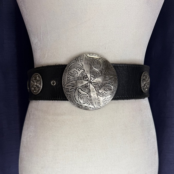 Vintage Accessories - Vintage Boho Wide Black Leather Medallion Concho Belt